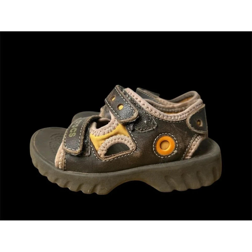Crocs Kids Brown Leather Mesh Sport Sandals Size C8/9 Hook Loop‎ Straps Rugged